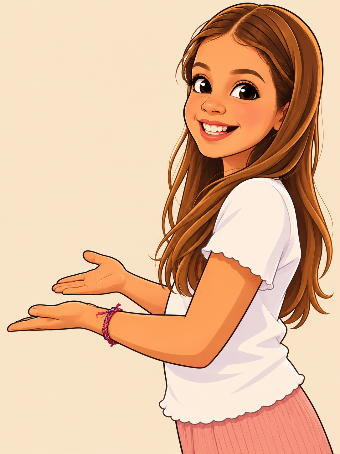 A drawing of Anna smiling and waving hello
